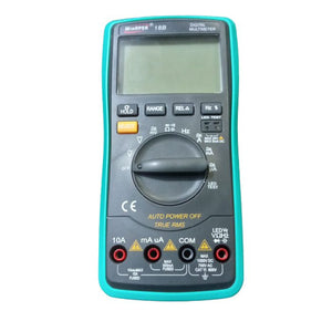 Winapex Digital Multimeter 18B True Tester RMS AC DC Volt Amp Ohm Capacitance LED Diode Frequency Meter Test 5999 Backlight Counts - teal and black featuring a central rotary dial, a blank LCD screen, control buttons, and four input ports at the base.