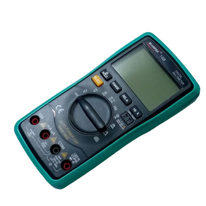 Winapex Digital Multimeter 18B True Tester RMS AC DC Volt Amp Ohm Capacitance LED Diode Frequency Meter Test 5999 Backlight Counts - green protective case, featuring a blank LCD screen, a central rotary dial, and multiple input ports at the bottom.
