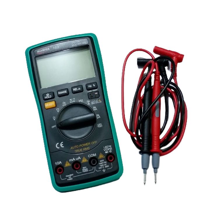 Winapex Digital Multimeter 18B True Tester RMS AC DC Volt Amp Ohm Capacitance LED Diode Frequency Meter Test 5999 Backlight Counts - with a green frame, blank LCD screen, central rotary dial, various input ports, and a pair of red and black test leads.