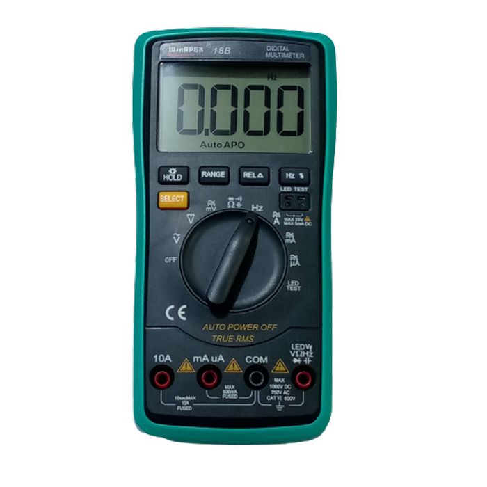 Winapex Digital Multimeter 18B True Tester RMS AC DC Volt Amp Ohm Capacitance LED Diode Frequency Meter Test 5999 Backlight Counts - green and black casing, showing a central rotary dial, buttons, input ports, and a screen reading 0.000.
