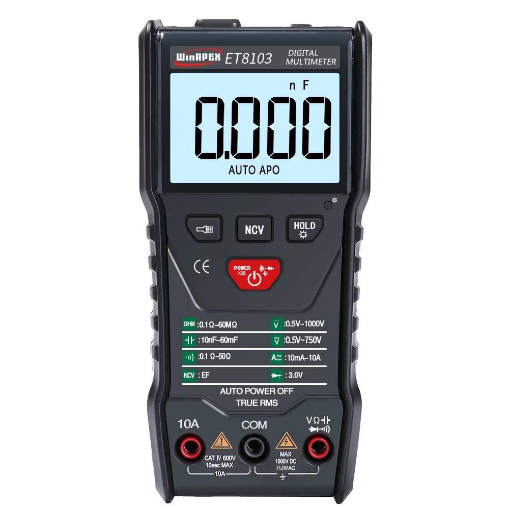 Winapex ET8103 LCD Auto Measure Digital Multimeter 6000 Counts - black casing with a central screen displaying 0.000 nF, control buttons, and three input ports at the bottom.