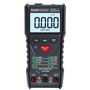 Winapex ET8103 LCD Auto Measure Digital Multimeter 6000 Counts - black casing with a central screen displaying 0.000 nF, control buttons, and three input ports at the bottom.