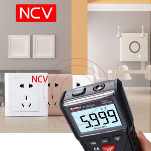 Winapex ET8103 LCD Auto Measure Digital Multimeter 6000 Counts - a black handheld device with an LCD screen displaying 5.999, NCV button, and power button near a wall outlet.