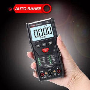 Winapex ET8103 LCD Auto Measure Digital Multimeter 6000 Counts - held in a hand, featuring a black casing, a screen displaying 0.000 nF, control buttons, and three input ports.