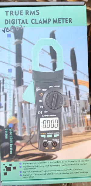 Winrpex VC902 AC 1000V Digital Clamp Meter pricein pakistan - its retail packaging box, showing the grey and teal device with a rotary dial, display, and input ports.