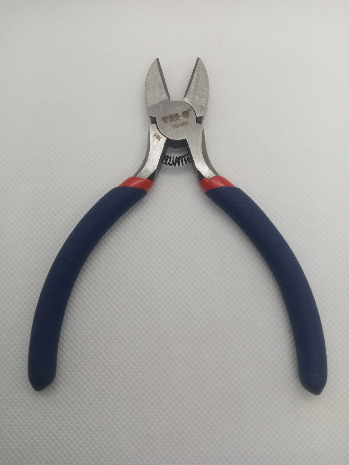 Wire Cutter Cable Cutter With Coil Spring - a pair of metal wire cutters with blue and red rubberized handles and a small visible coil spring.