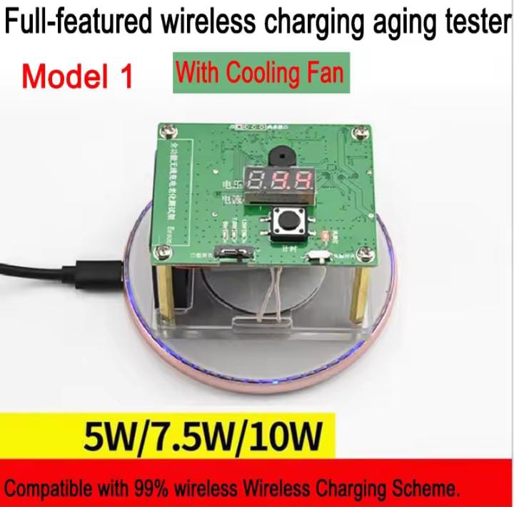 Wireless Charger Tester Smart Watches QI Wireless Charger Tester Voltage Current Load PCB Detector for Apple iWatch Galaxy Watch Wireless Chargers - with a green circuit board, a three-digit red LED display, a push button, and a micro-USB port mounted on a circular charging base.