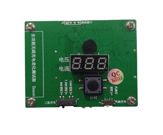 Wireless Charger Tester Smart Watches QI Wireless Charger Tester Voltage Current Load PCB Detector for Apple iWatch Galaxy Watch Wireless Chargers - a green rectangular PCB featuring a three-digit LED display, a central push button, a sliding switch, and power level labels.
