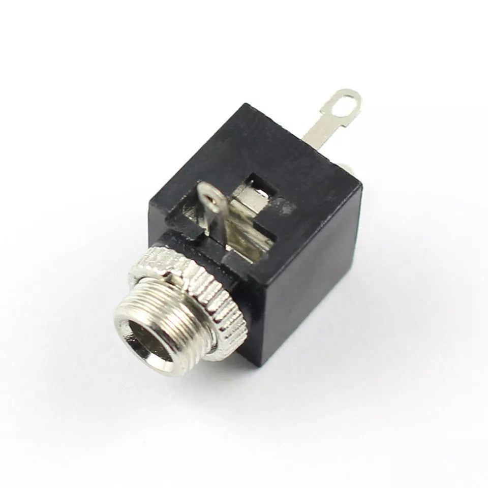 With Fitting Nut 3.5mm 1/8 Female Audio Connector 5 Pin DIP Stereo Headphone Jack PJ3024M - a black rectangular component with a silver threaded port and metal pins.