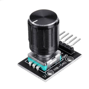 With Knob Ky-040 Rotary Encoder Sensor Module With Push Button - black knob mounted on a black circuit board with a five-pin header connector and two mounting holes.