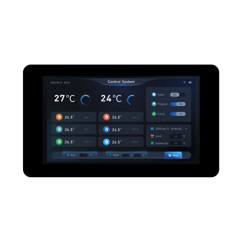 With Touch ESP32-S3 7 inch Display Development Board Type B - 1024×600 Touch LCD, WiFi & Bluetooth, LX7 Dual-Core 240MHz - a black rectangular screen with a digital control system interface displaying temperatures.