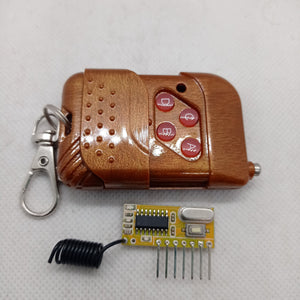 Without Battery 4 Channel Wireless Remote Control Kit RX12 RF Transmitter Receiver Module For Arduino Momentary Type - brown wood-grain four-button remote and a small yellow circuit board with a black coil antenna and six pins.
