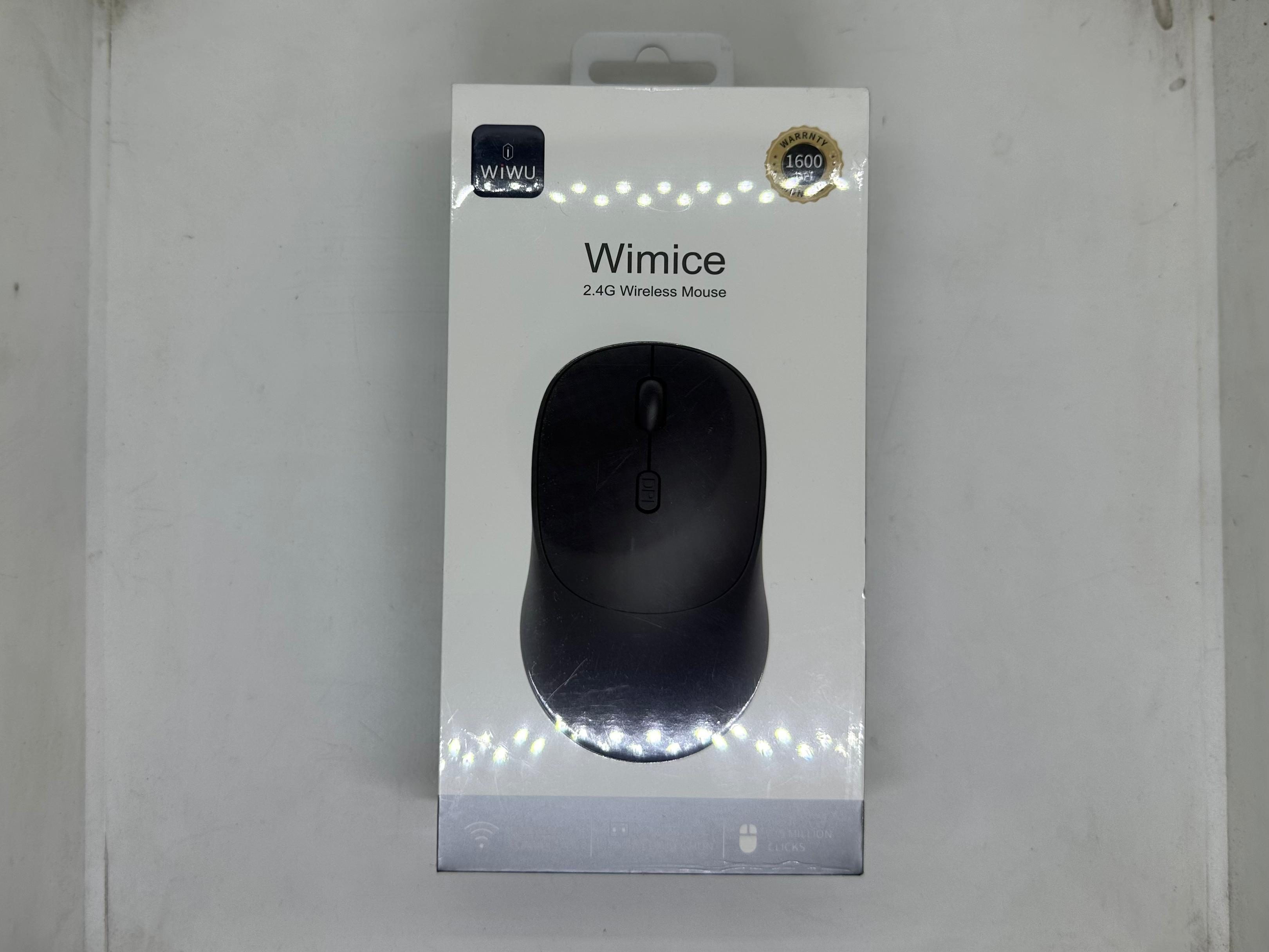WiWU Wimice 2.4G Wireless Mouse - in its original white retail packaging box featuring a picture of the black mouse with a scroll wheel and DPI button.