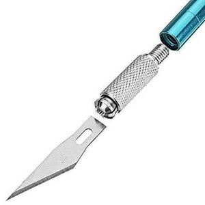 Wlxy Mobile Repairing Knife Set 6 Pcs Precision Art Hobby - a close-up of a disassembled silver metal blade holder and a detachable steel blade.