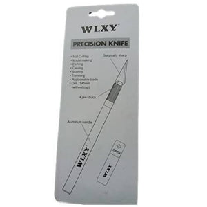 Wlxy Mobile Repairing Knife Set 6 Pcs Precision Art Hobby - shown in its white retail packaging with a diagram illustrating the aluminum handle, 4-jaw chuck, and replaceable blade.