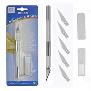 Wlxy Mobile Repairing Knife Set 6 Pcs Precision Art Hobby - a silver metal craft knife, five spare blades, and the original blue retail packaging.