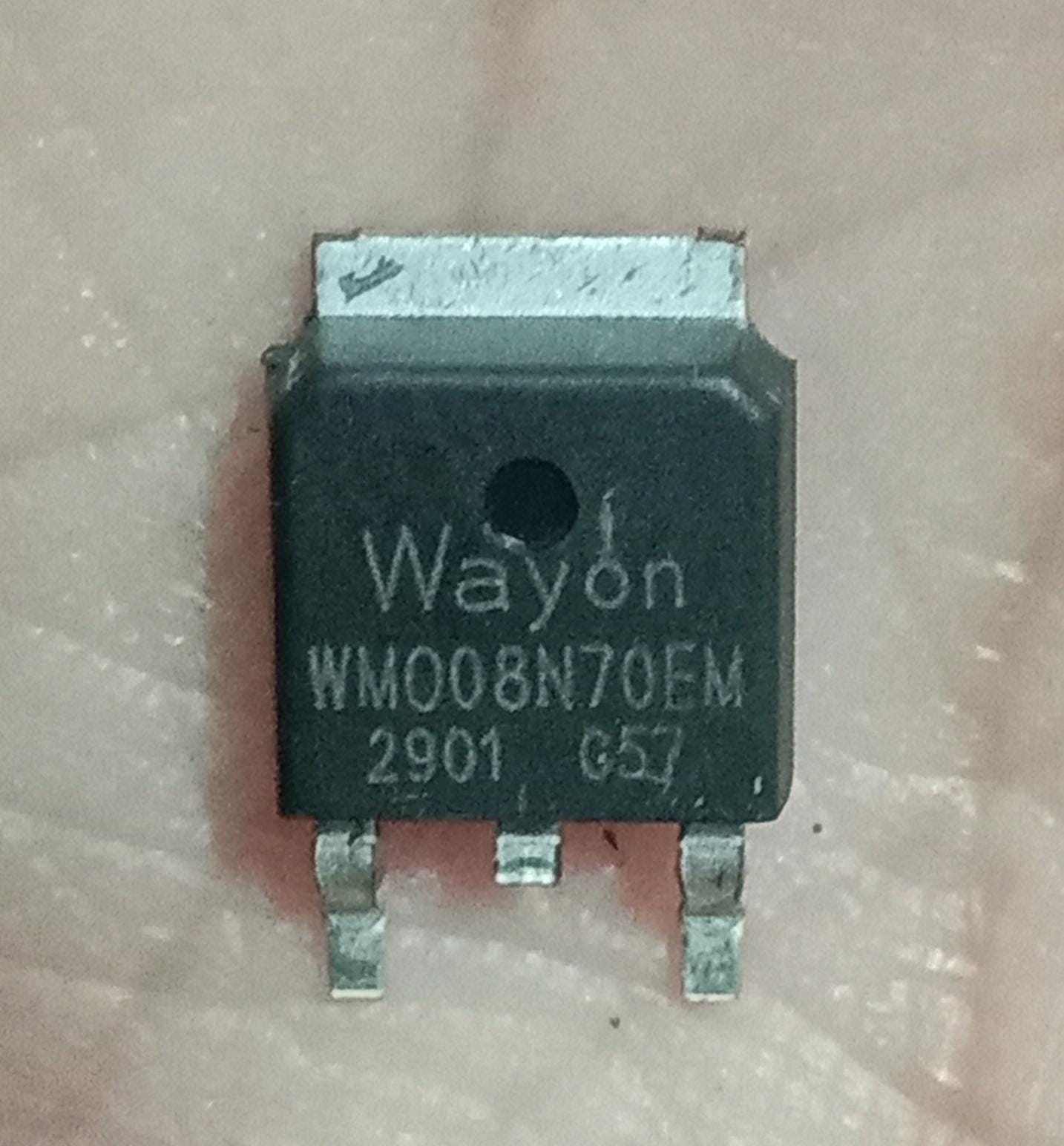 WM008N70EM 700V N-Channel Super Junction Power MOSFET - a close-up of the black, three-pin electronic component showing the Wayon brand and model number printed on its surface.