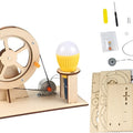 Wooden Hand Generator Kids Science STEM DIY Technology STEAM Physics Kit Education - an assembled wooden hand-crank generator with a light bulb, plus loose parts and instruction sheets.