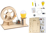 Wooden Hand Generator Kids Science STEM DIY Technology STEAM Physics Kit Education - an assembled wooden hand-crank generator with a light bulb, plus loose parts and instruction sheets.