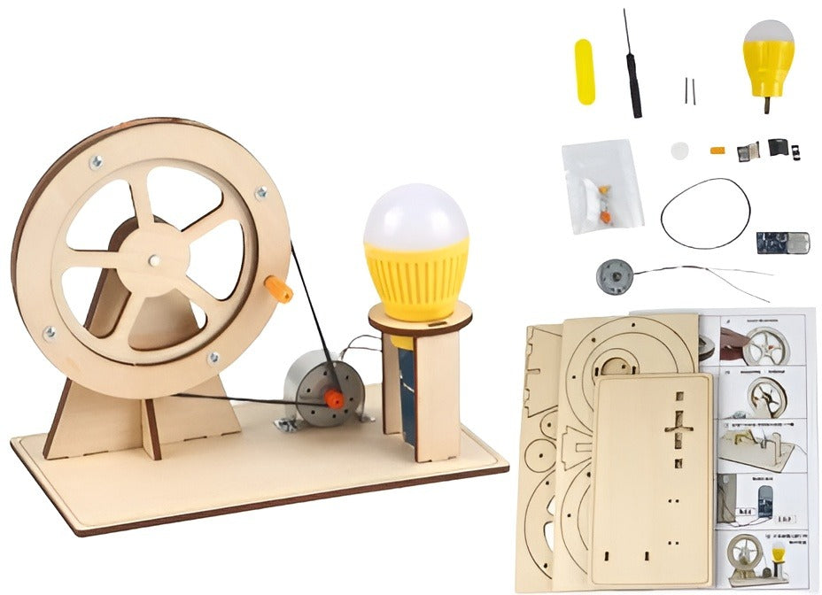Wooden Hand Generator Kids Science STEM DIY Technology STEAM Physics Kit Education - an assembled wooden hand-crank generator with a light bulb, plus loose parts and instruction sheets.