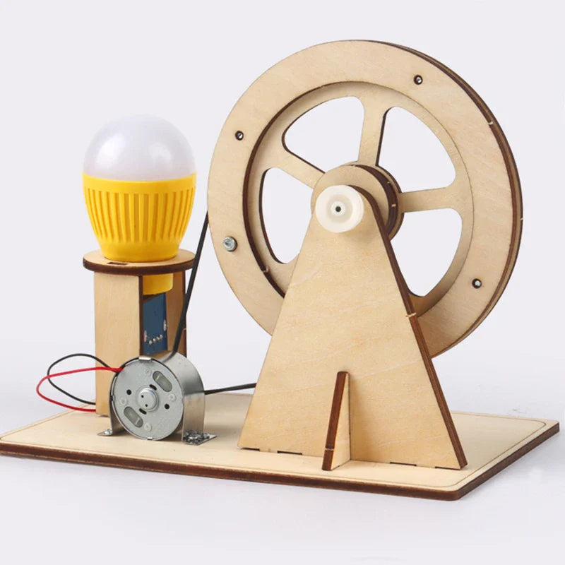 Wooden Hand Generator Kids Science STEM DIY Technology STEAM Physics Kit Education - hand-cranked wheel connected by a belt to a small motor powering a yellow LED bulb.