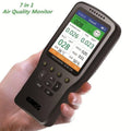 WP6930S Air Quality Detector Laser PM2.5 PM10 PM1.0 Meter - held in a hand, showing a black handheld device with a digital screen displaying air quality readings and navigation buttons.