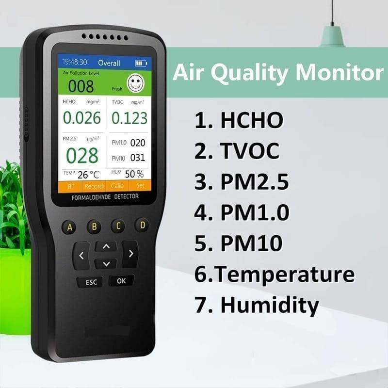WP6930S Air Quality Detector Laser PM2.5 PM10 PM1.0 Meter - a black handheld device with a digital screen showing air quality data, buttons, and a list of seven measured parameters.