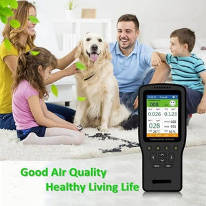 WP6930S Air Quality Detector Laser PM2.5 PM10 PM1.0 Meter - a black handheld device with a digital screen displaying air quality data, buttons, and a family in the background.
