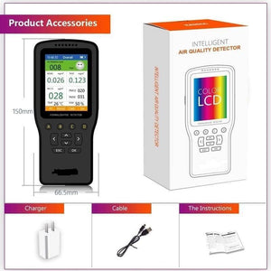 WP6930S Air Quality Detector Laser PM2.5 PM10 PM1.0 Meter - dimensions, the device with a color LCD screen, its packaging box, a charger, a cable, and an instruction manual.