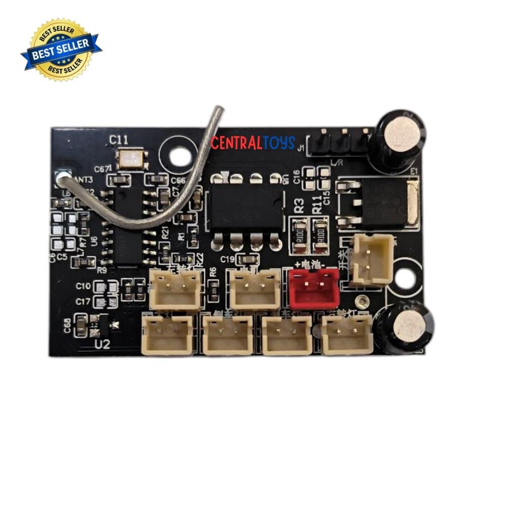 WPL BC V1 Main Receiver Circuit Board – Multi-Function ESC & Receiver for WPL/MN RC Trucks - a black rectangular PCB featuring a wire antenna, multiple white and red JST connectors, and two capacitors.