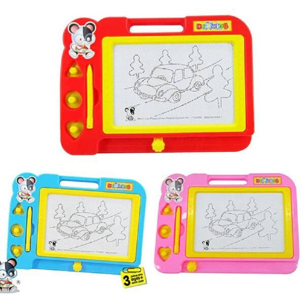 Writing Board Magic Slate for kids ( color may vary) - blue, and pink, each featuring a drawing area with a car sketch, a stylus, and three shape stamps.