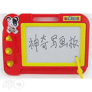 Writing Board Magic Slate for kids ( color may vary) - a red plastic frame, yellow border, three shape-stamps, and a yellow stylus with Chinese text on the screen.