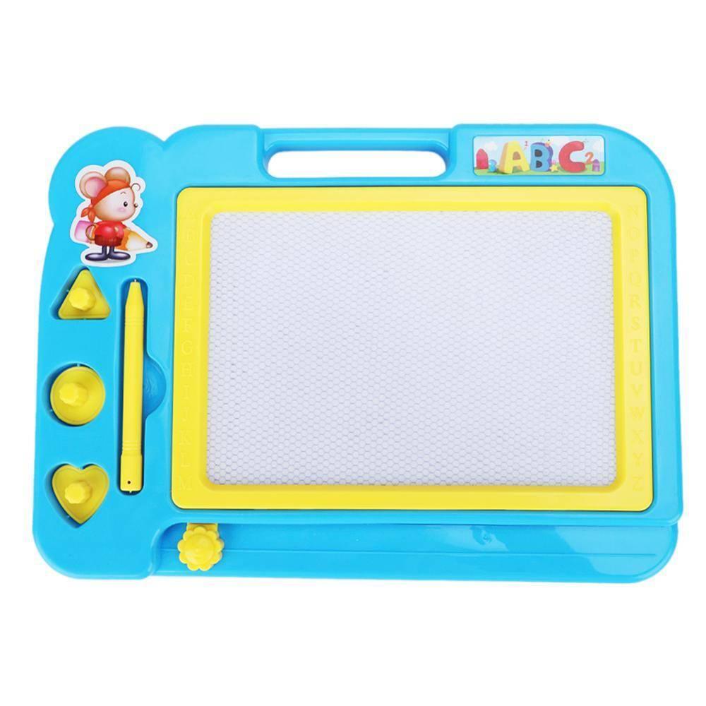 Writing Board Magic Slate for kids ( color may vary) - a blue plastic frame with a white drawing surface, a yellow stylus, and three shaped magnetic stamps.