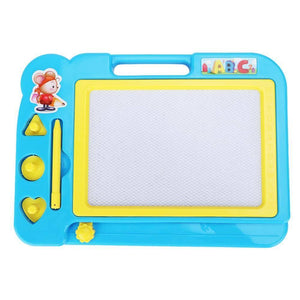 Writing Board Magic Slate for kids ( color may vary) - a blue plastic frame with a white drawing surface, a yellow stylus, and three shaped magnetic stamps.