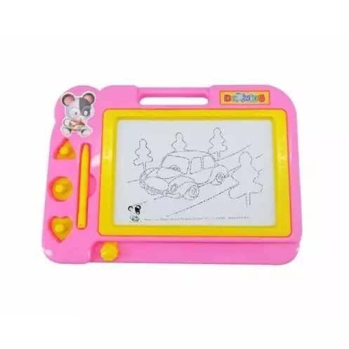 Writing Board Magic Slate for kids ( color may vary) - a pink frame with a yellow border, a drawing stylus, three shaped stamps, and a car drawing on the screen.
