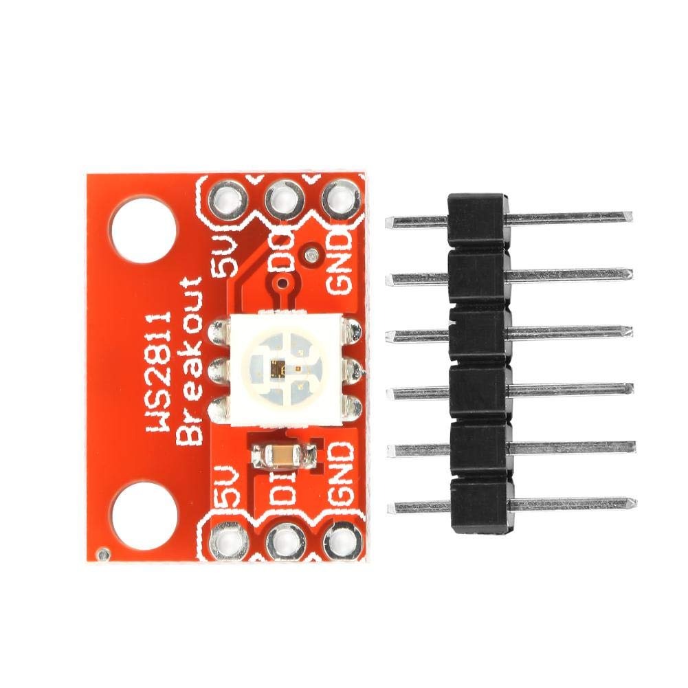 WS2812 RGB LED Breakout Board Module | Smart Addressable LED for Arduino & Projects - a red rectangular PCB with a central LED and six pin headers next to it.
