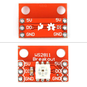 WS2812 RGB LED Breakout Board Module | Smart Addressable LED for Arduino & Projects - shown from both the top and bottom sides, featuring a red PCB with 5V, DI, DO, and GND pin labels.