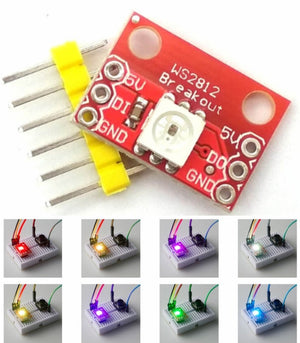 WS2812 RGB LED Breakout Board Module | Smart Addressable LED for Arduino & Projects - a red PCB with an LED, 5V, DI, and GND pins, alongside multiple breadboard-mounted examples in various colors.