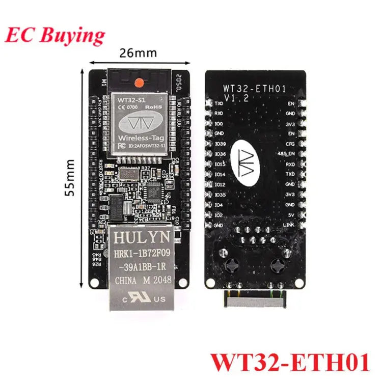 WT32-ETH01 Embedded Serial Port Networking Ethernet BLE WiFi Combo Gateway MCU ESP32 Wireless Module Board WT32 ETH01 - shown from both sides, featuring a black PCB with an Ethernet port, wireless module, and pin headers, with dimensions of 55mm by 26mm.