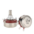 WTH118 10k Ohm 1W 6mm Shaft 4 Terminal Carbon Rotary Potentiometer | Pakistan’s Leading Electronics Store - two silver and brown round potentiometers with metal shafts and four terminals.