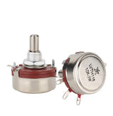 WTH118 10k Ohm 1W 6mm Shaft 4 Terminal Carbon Rotary Potentiometer | Pakistan’s Leading Electronics Store - two silver and brown round potentiometers with metal shafts and four terminals.