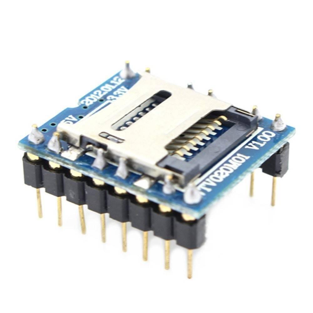 WTV020SD-16P Music Module MP3 Module For Arduino - a blue circuit board featuring a silver SD card slot, mounted on two rows of black header pins.