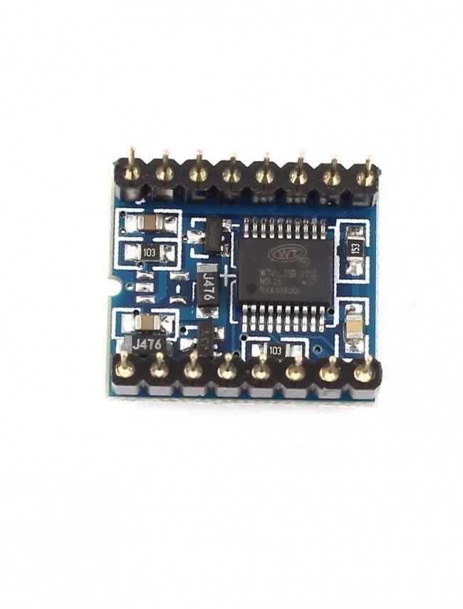 WTV020SD-16P Music Module MP3 Module For Arduino - a blue rectangular circuit board with a central black integrated circuit chip, surface-mount components, and two pin headers.