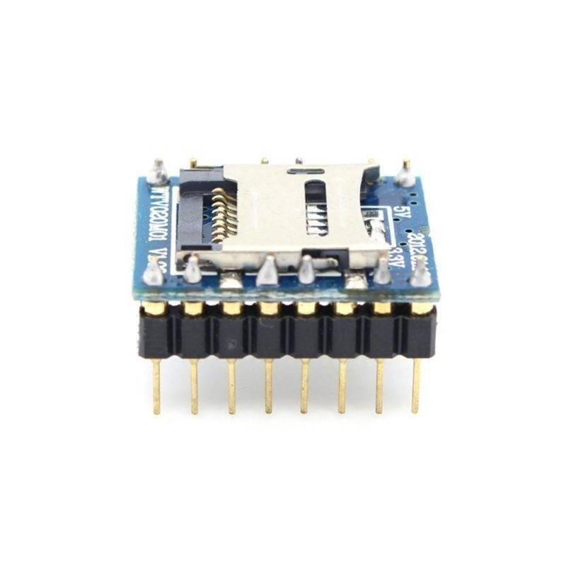 WTV020SD-16P Music Module MP3 Module For Arduino - a blue circuit board with a silver SD card slot and a black pin header connector attached to the underside.