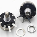 WX110(010) 1k 1W Single Turn Rotary Taper Carbon Wire Wound Potentiometer Volume Resistor - two black and silver rotary resistors with three metal terminals, a flat washer, and a hexagonal mounting nut.