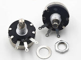 WX110(010) 1k 1W Single Turn Rotary Taper Carbon Wire Wound Potentiometer Volume Resistor - two black and silver rotary resistors with three metal terminals, a flat washer, and a hexagonal mounting nut.