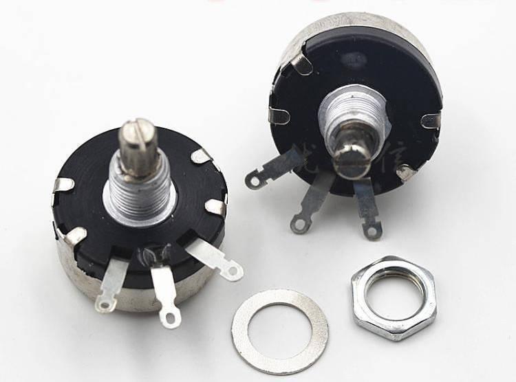 WX110(010) 1k 1W Single Turn Rotary Taper Carbon Wire Wound Potentiometer Volume Resistor - two black and silver rotary resistors with three metal terminals, a flat washer, and a hexagonal mounting nut.