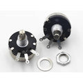 WX110(010) 4.7k 1W Single Turn Rotary Taper Carbon Wire Wound Potentiometer Volume Resistor - two round silver and black potentiometers with three metal terminals, a washer, and a nut.
