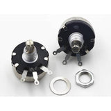 WX110(010) 4.7k 1W Single Turn Rotary Taper Carbon Wire Wound Potentiometer Volume Resistor - two round silver and black potentiometers with three metal terminals, a washer, and a nut.