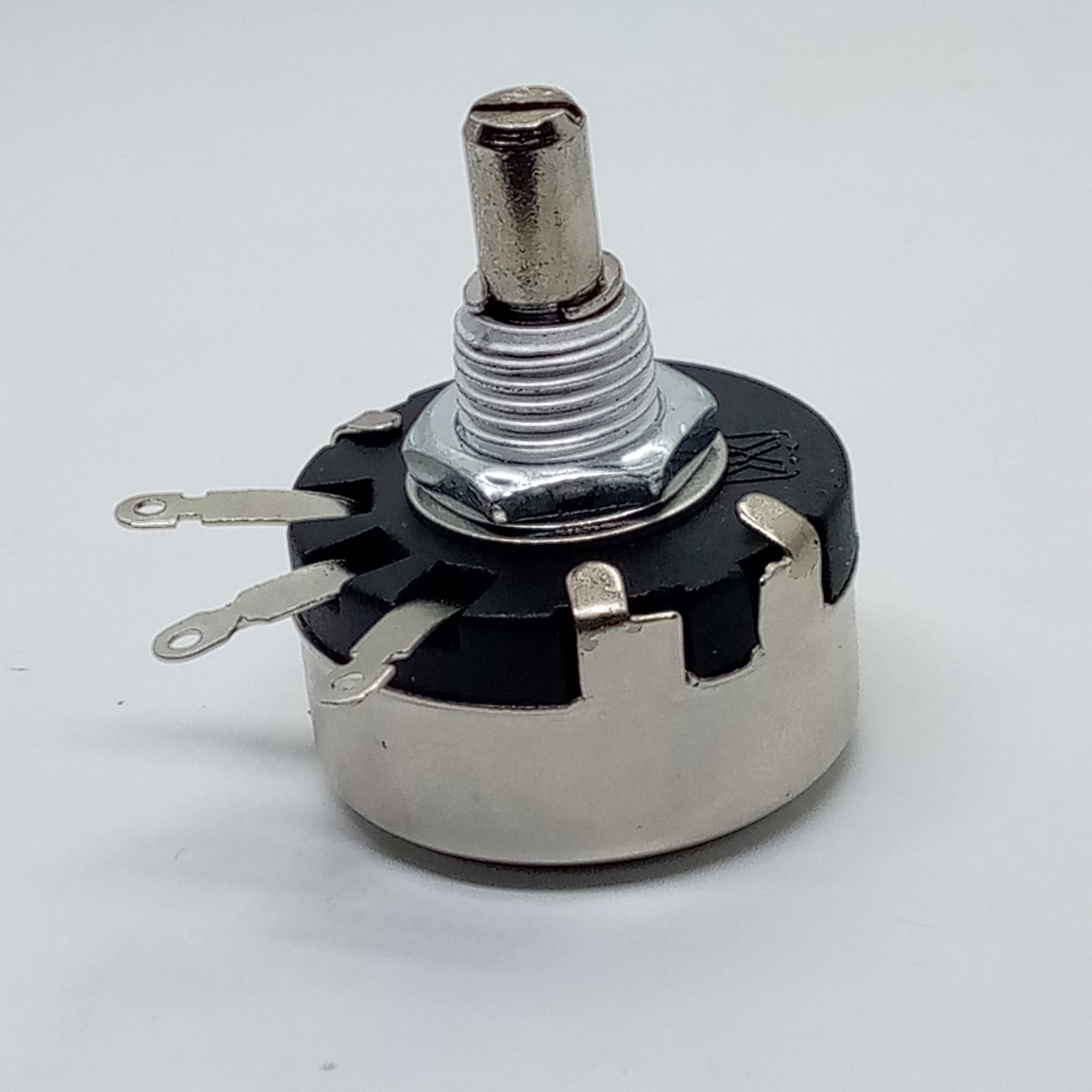 WX110(010) 5k 2W Potentiometer - shown as a silver and black cylindrical component with a rotating metal shaft, a threaded mounting nut, and three terminals.